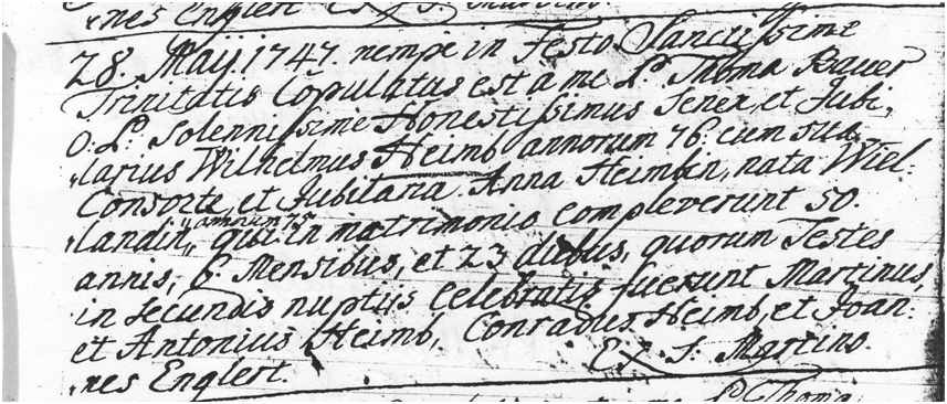 Aranylakodalom anyakönyvi bejegyzése 1747-ből